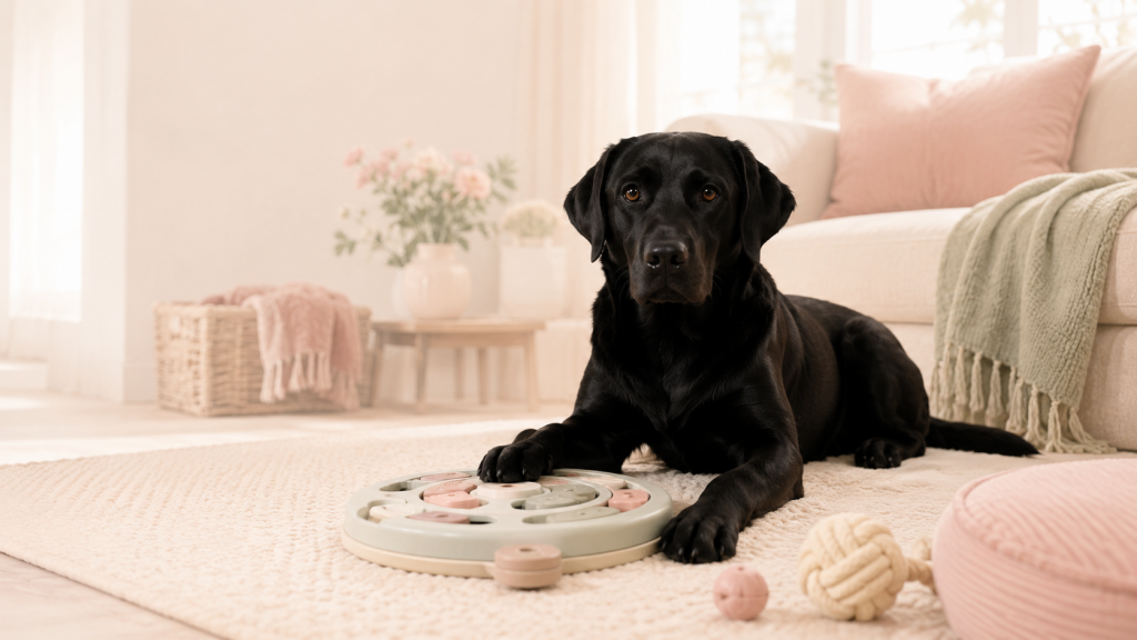 Schwarzer Labrador Lotti im hellen Wohnzimmer mit Hundespielzeug