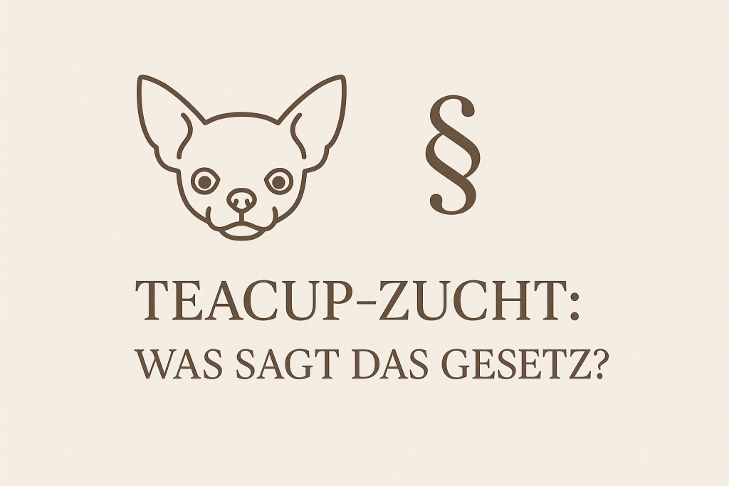 Illustration eines Chihuahua-Kopfes mit Text 'TEACUP-ZUCHT: WAS SAGT DAS GESETZ?' auf einem hellen Hintergrund.