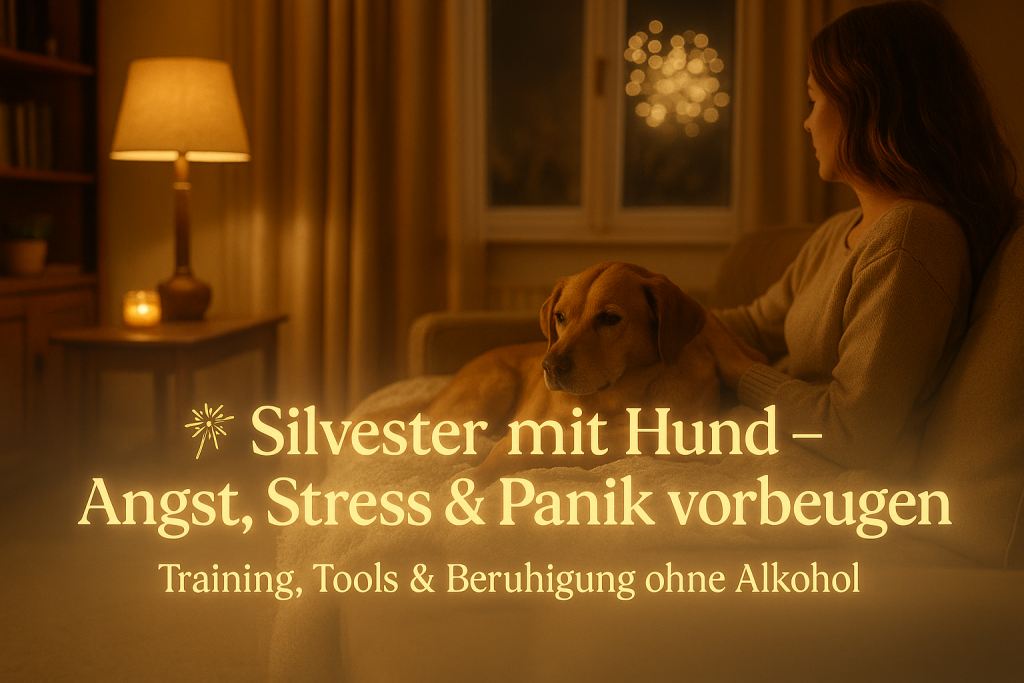 Hund liegt entspannt mit seiner Besitzerin im Wohnzimmer, während draußen Feuerwerk leuchtet. Ruhe, Nähe & Geborgenheit – perfekte Szene für Silvester Hund Tipps.