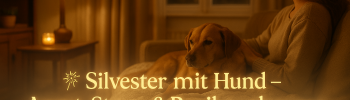 Hund liegt entspannt mit seiner Besitzerin im Wohnzimmer, während draußen Feuerwerk leuchtet. Ruhe, Nähe & Geborgenheit – perfekte Szene für Silvester Hund Tipps.