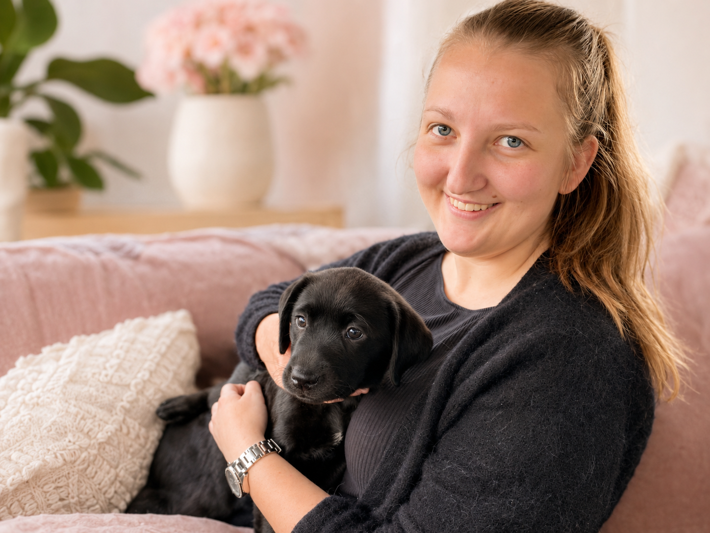Leonie mit ihrer schwarzen Labradorhündin Lotti als Welpe
